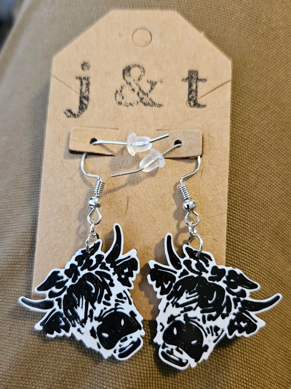 Black and White Highland Cow Dangle Earrings for Kids